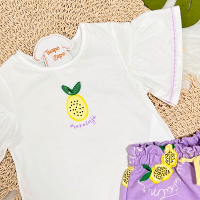 Conj. Blusão com Manga Curta Flare e Short Maracujá - Off White e Lilás